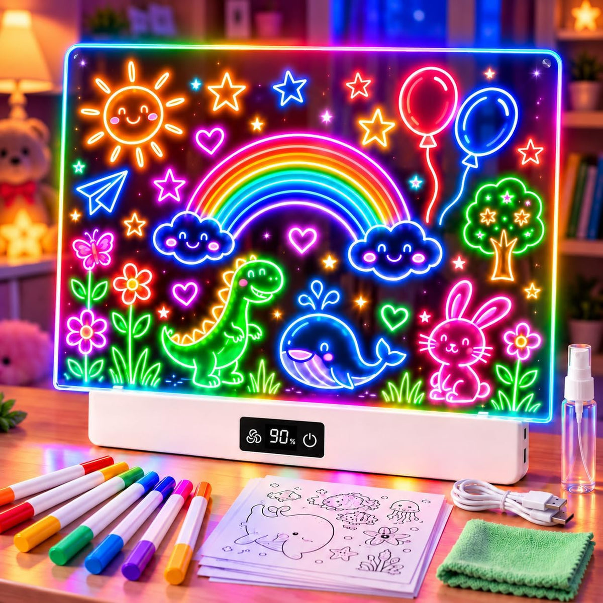OUTON 16 inch rechargeable LED drawing board for kids in white with glowing doodles - view 2