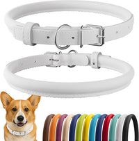 CollarDirect Rolled Leather Dog Collar, Soft Padded Round Puppy Collar, Handmade Genuine Leather Collar Dog Small Large Cat Collars 13 Colors (13-16 Inch, White Smooth)
