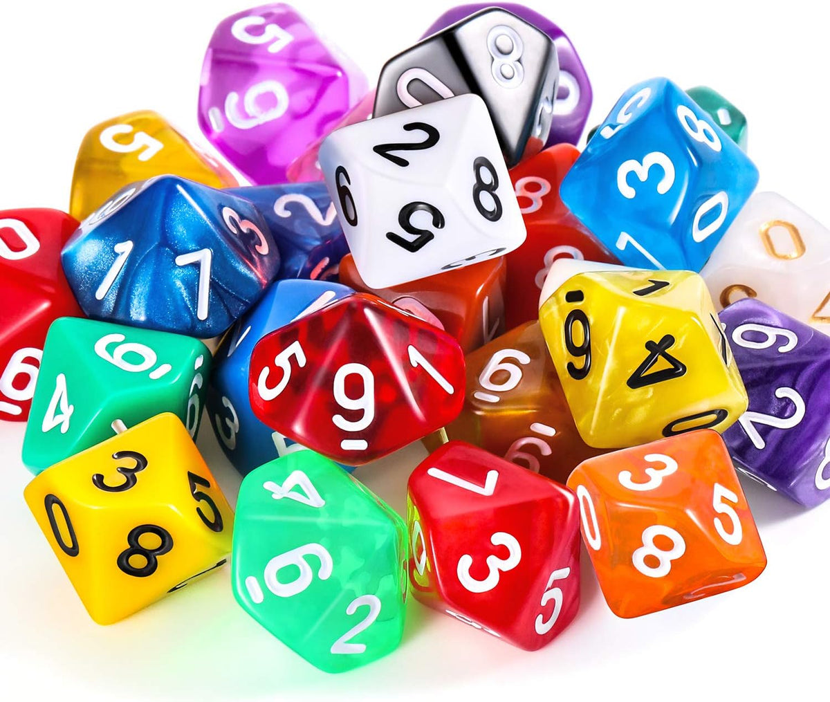 TecUnite 25 Pcs Polyhedral Dice Set, Transparent Mixed Color - Mix Color / 10 Sides