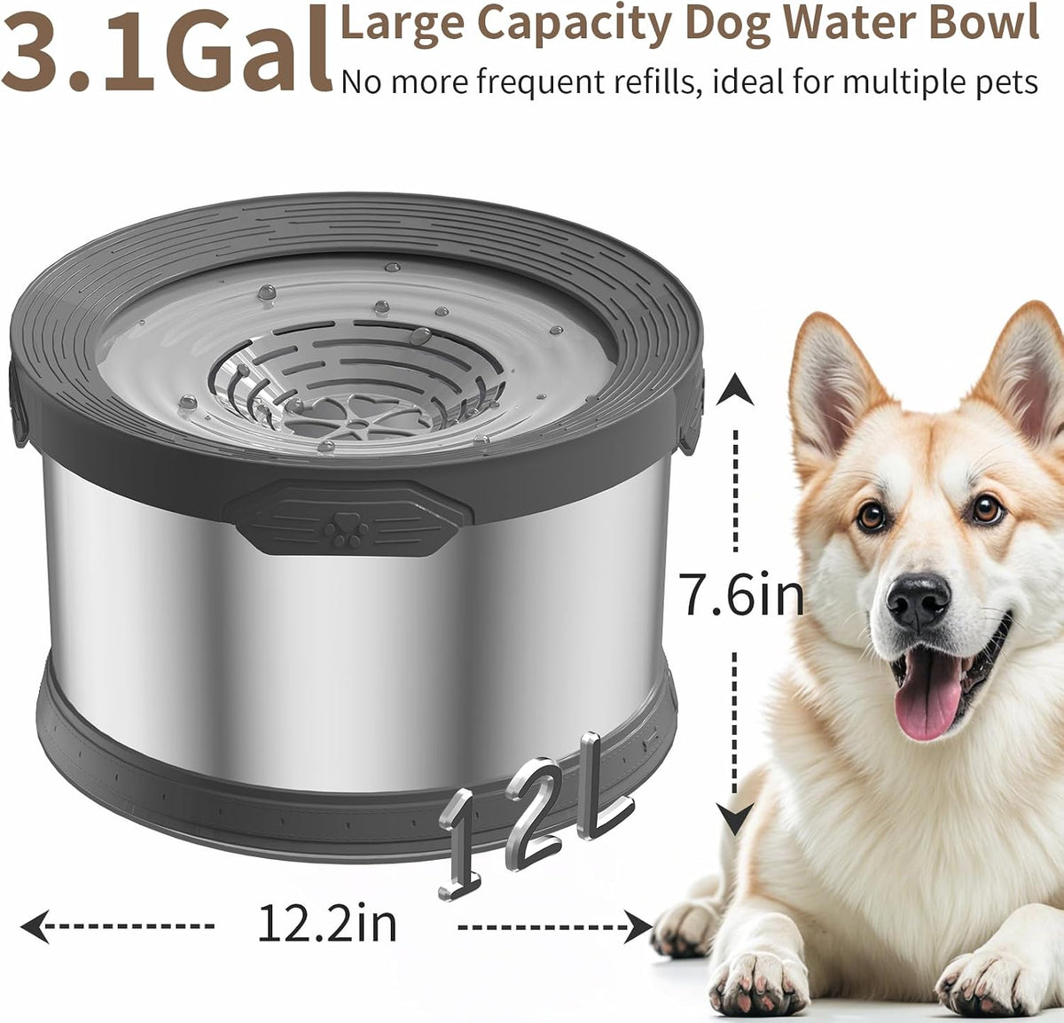 6.5L Dog Water Bowl No Spill 1.6 Gallon Stainless Steel Water Bowl - 12L+2 Filters - image 2