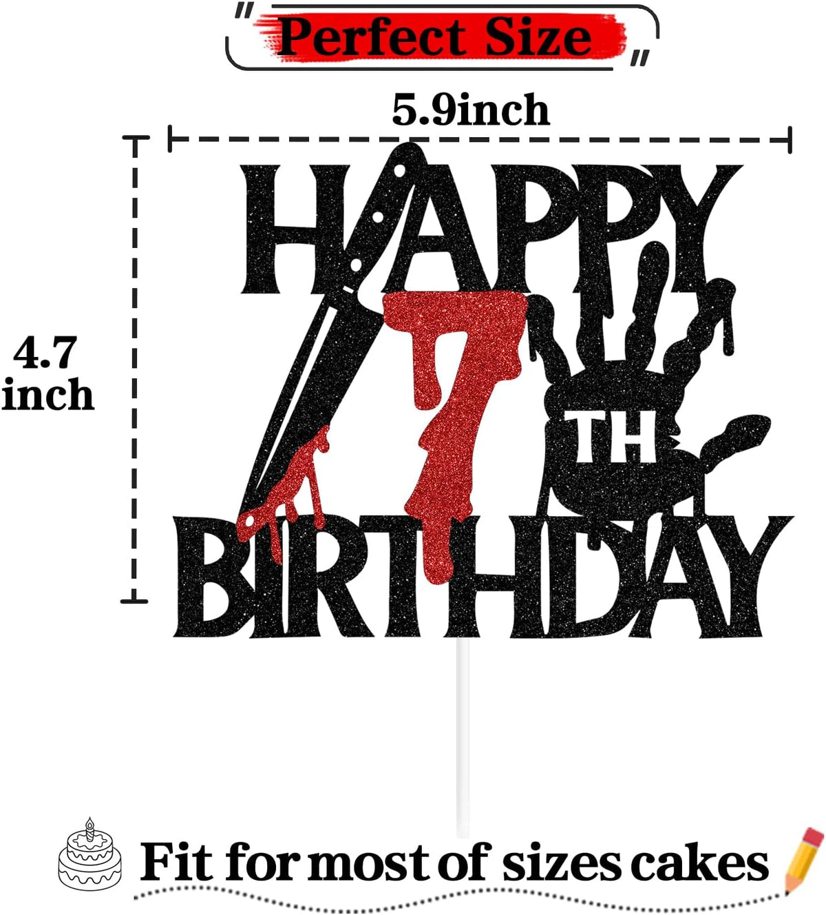 Black glitter Killer Happy 13th Birthday cake topper for a horror Halloween party - view 18