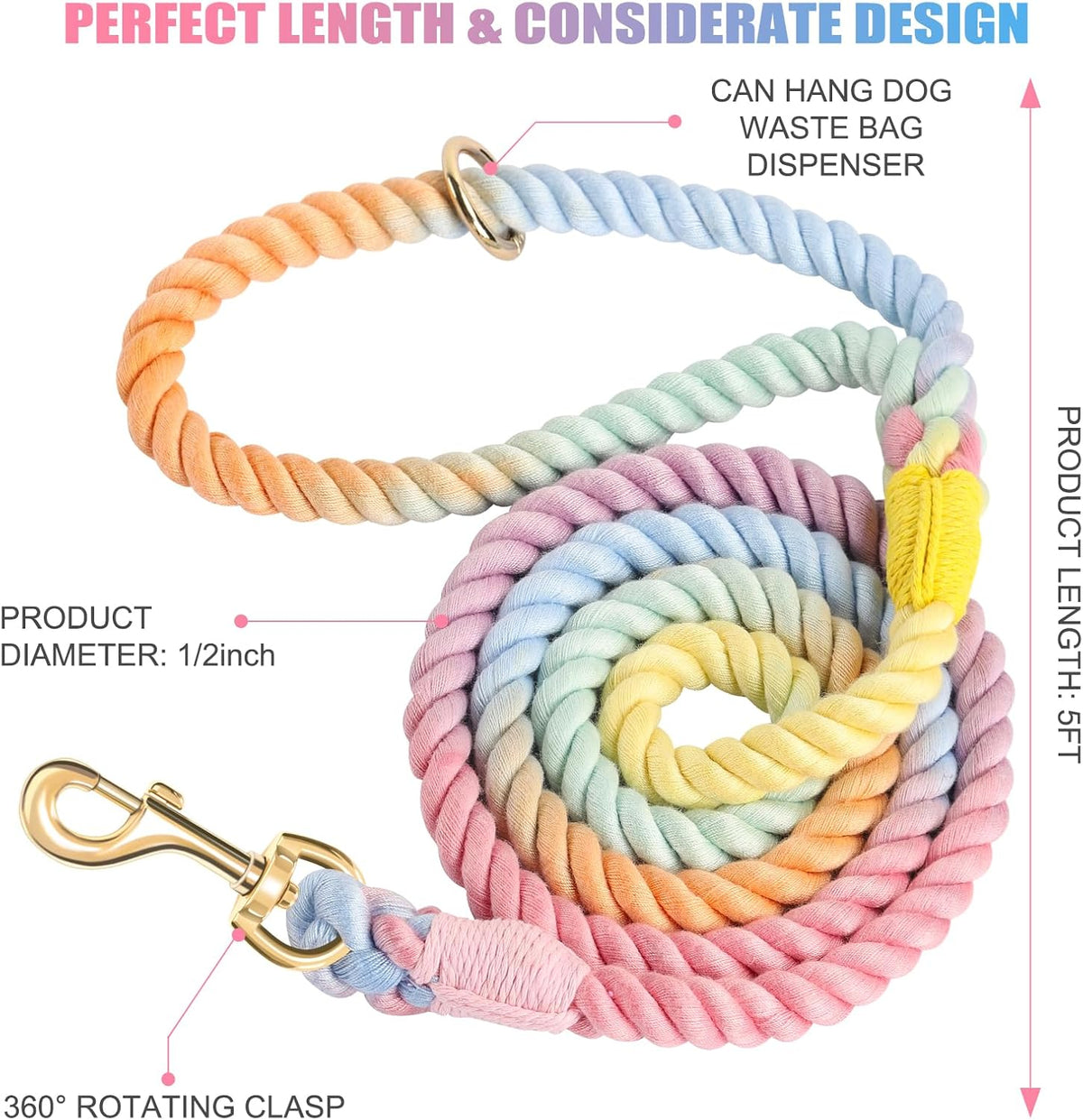 5 FT Handmade Rope Dog Leash for Small Medium and Large Dogs – Essentials for Dogs - 5FT x 1/2in (Pack of 1) / Colorful Macaron - image 2