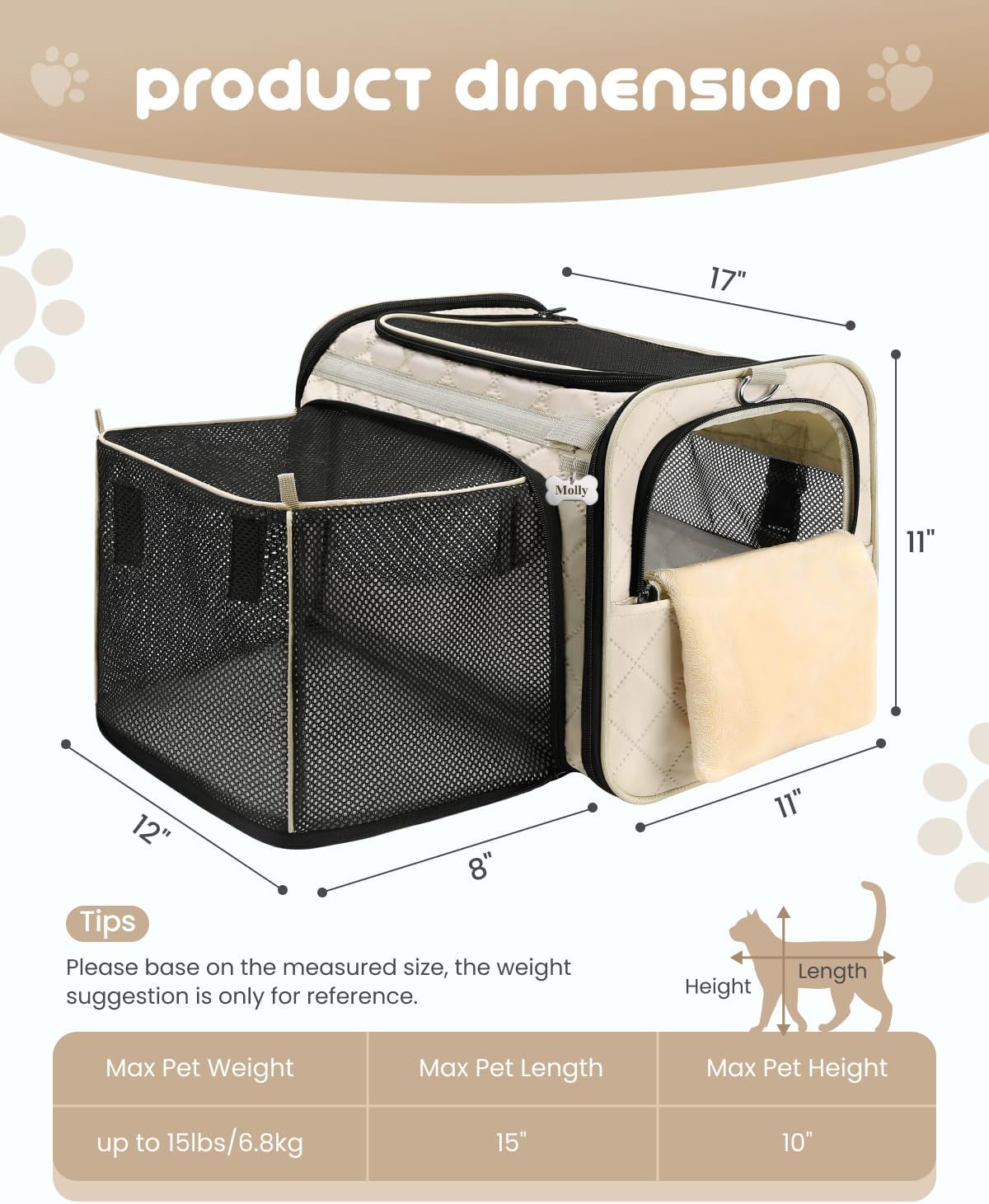 MIDOG Soft Cat Carrier Airline Approved - Beige / 17.0"L x 11.0"W x 11.0"H - image 4