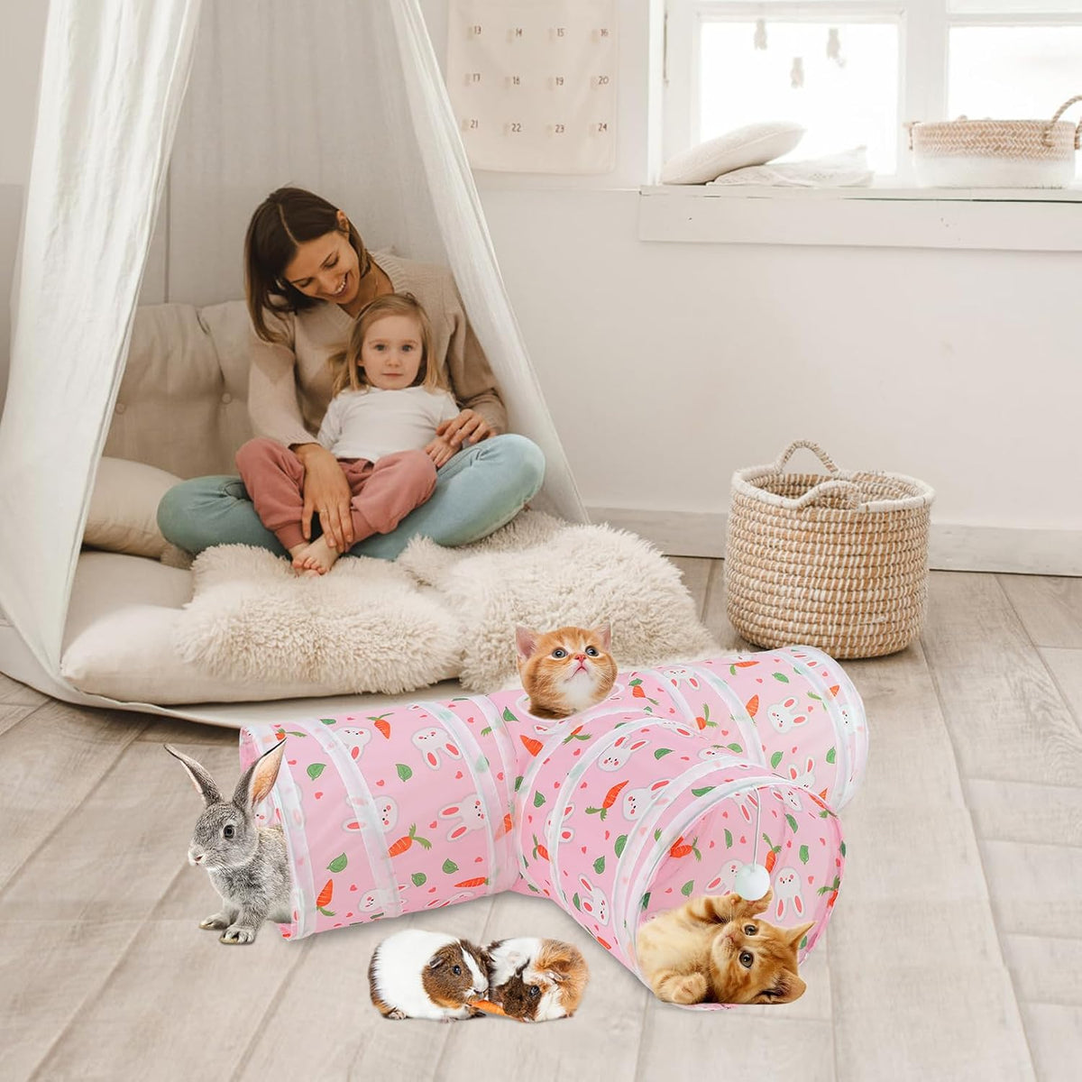 Bunny Tunnels & Tubes, 3-Way Collapsible Rabbit Hideout for Bunnies – Essentials for Small Pets - Pink - image 3