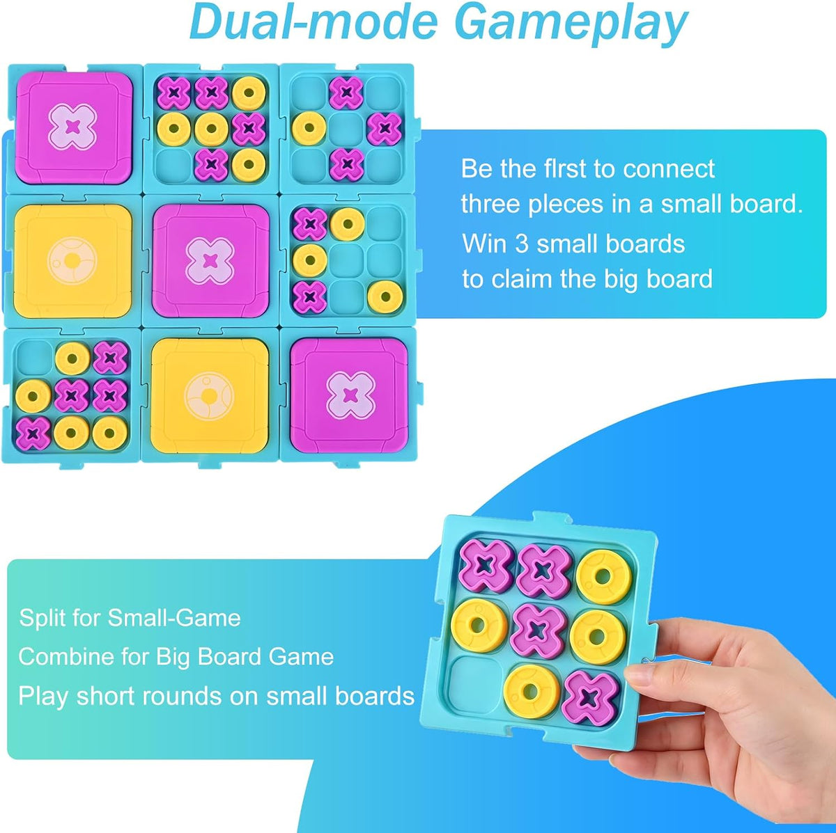 Tic Tac Toe Board Game, Classical Family Board Game – Fun for Kids & Family - Purple/Yellow - image 3