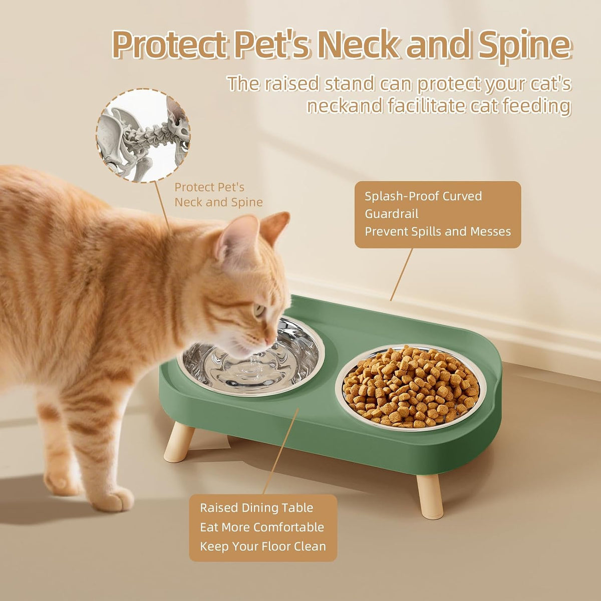 Elevated Cat Bowl, Raised Cat Food and Water Bowl Set for Indoor Cats, Splash Proof with 2 - Cat Bowls-Green - image 3