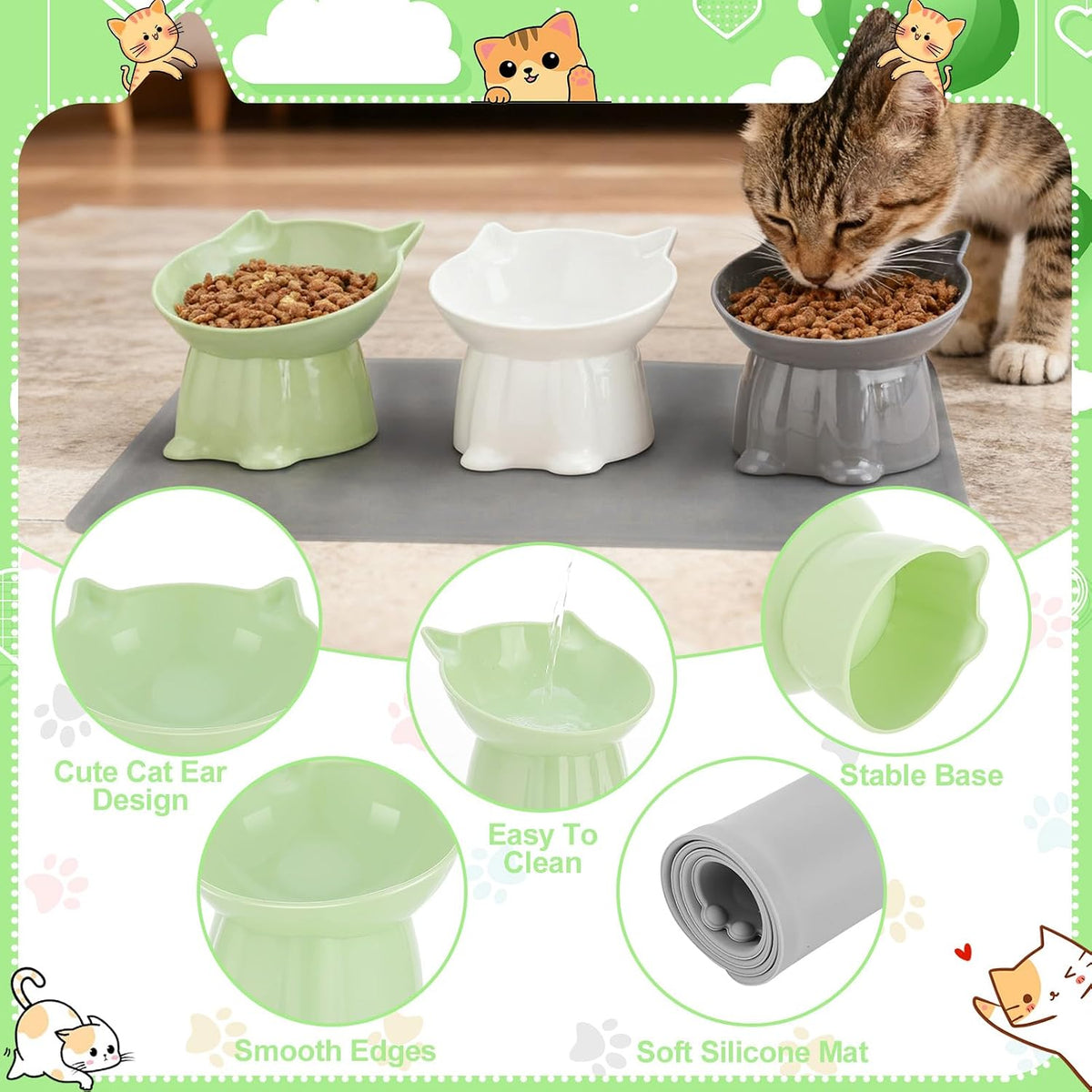 3 Pcs Raised Cat Bowl 15° Elevated Cat Food Bowl Tilted Cats Bowls - Green, Grey, White - image 4