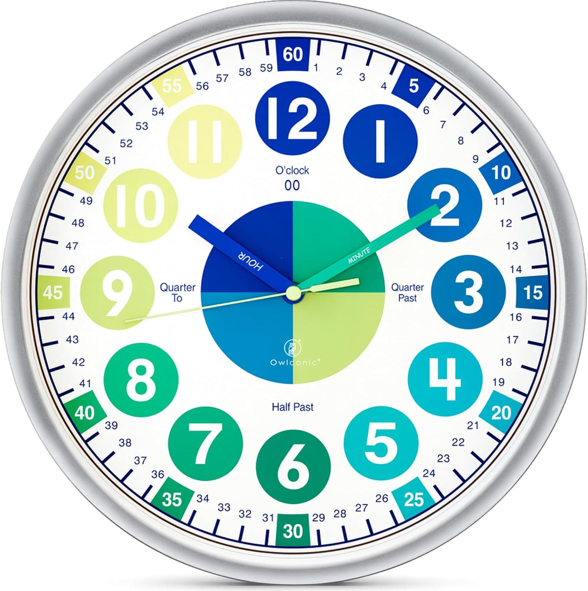 OWLCONIC Kids Teaching Clock, Learning Clock, Silent 10in - Blue Green