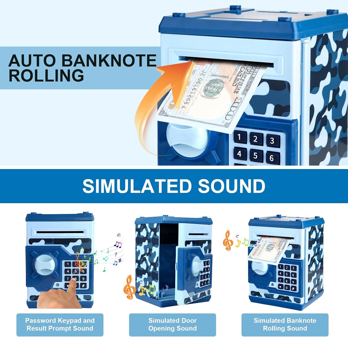 Pup Go ATM Piggy Bank for Kids, Password Electronic Kids Safe - Camo Blue - image 2