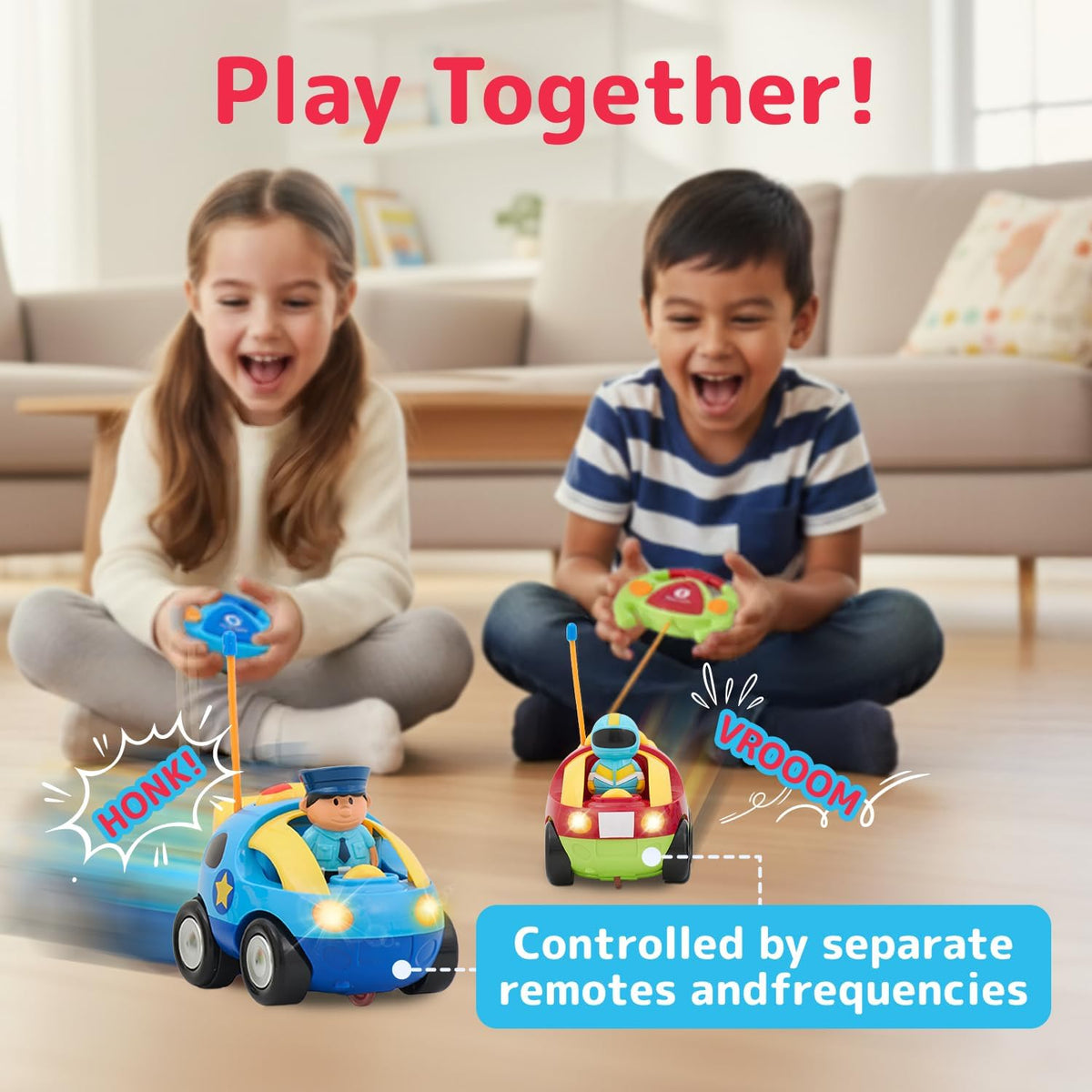 PREXTEX 2 Pack Cartoon Remote Control Cars for Toddlers - Race Car/Police Car - image 3