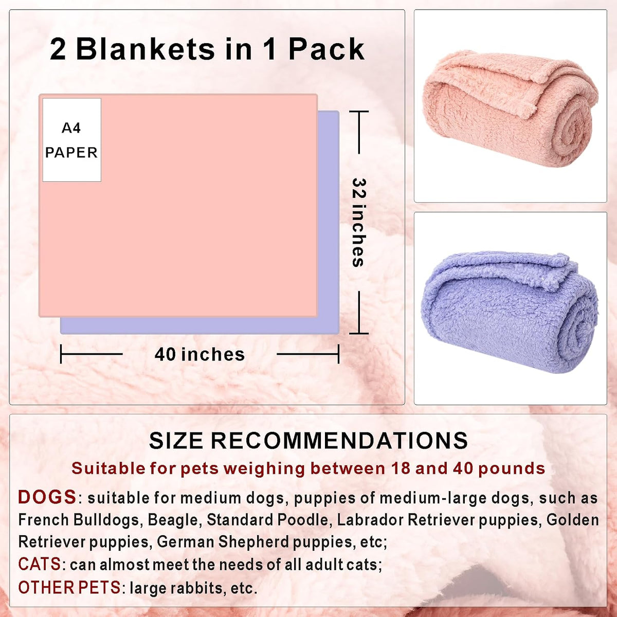 2 Blankets, Dog Cat Pet Blanket, Soft Warm Fleece, for Puppy - Lavender+pink / 40"L x 32"W, 2/Pack - image 2