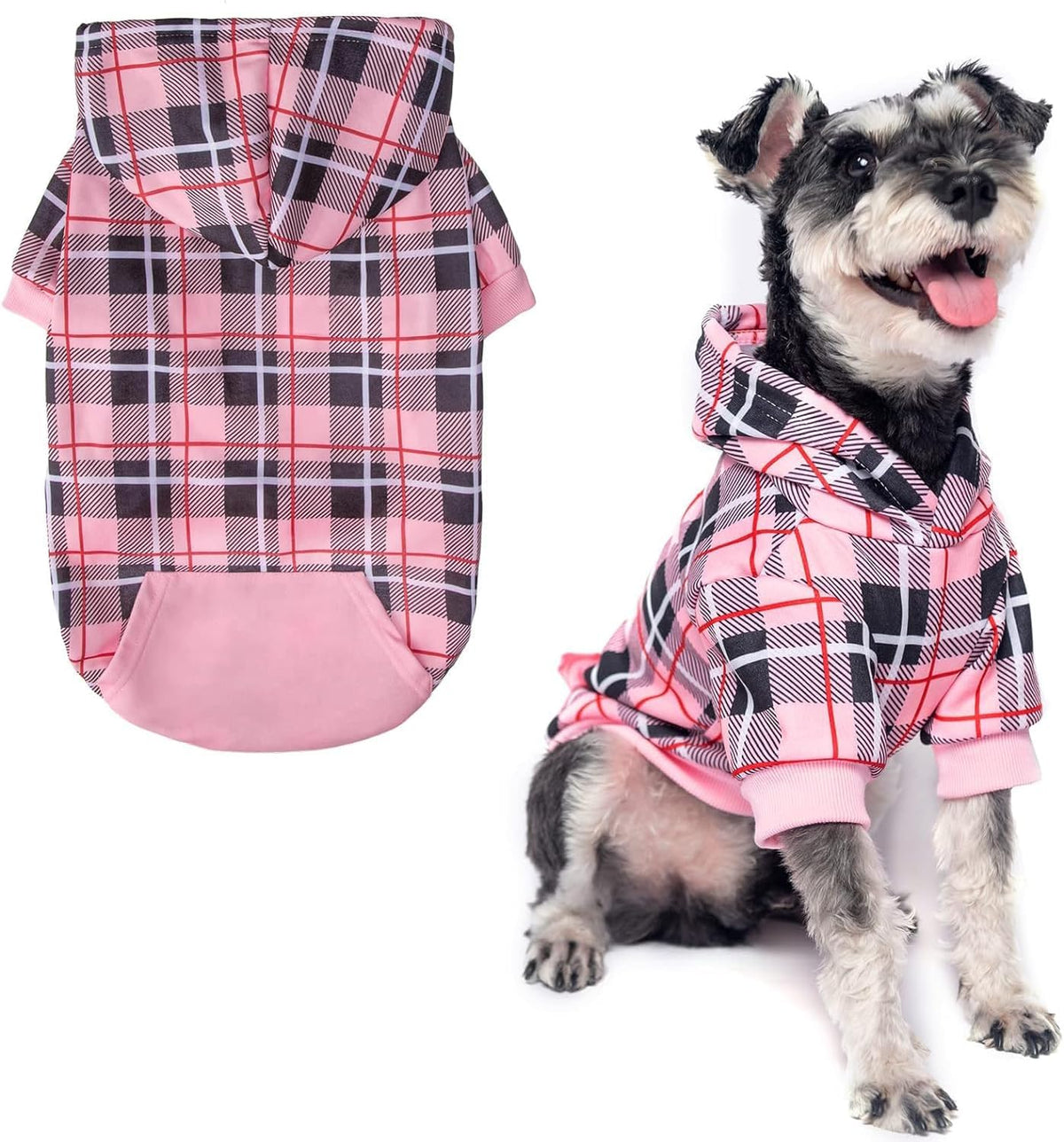 Plaid Dog Hoodie - British Style Warm Dog Sweater Shirt with Leash Hole,Pitbull Clothes - Pink / Small
