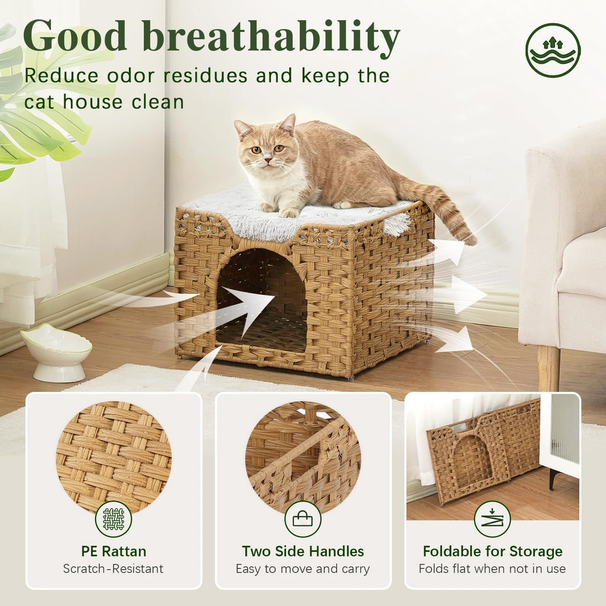 Cat Beds Indoor Kitten House, PE Rattan Cat Cave - Natural / Rectangle-M - image 3
