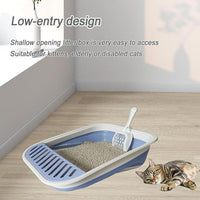 Senior Cat Litter Boxes, Collapsible Open Low Entry Cat Litter Pan with Scoop Travel Kitten Potty Pan Foldable Pet Toilet for Sick Disabled Older Elderly Cats Pink 20.9x15.7x5.7 inch