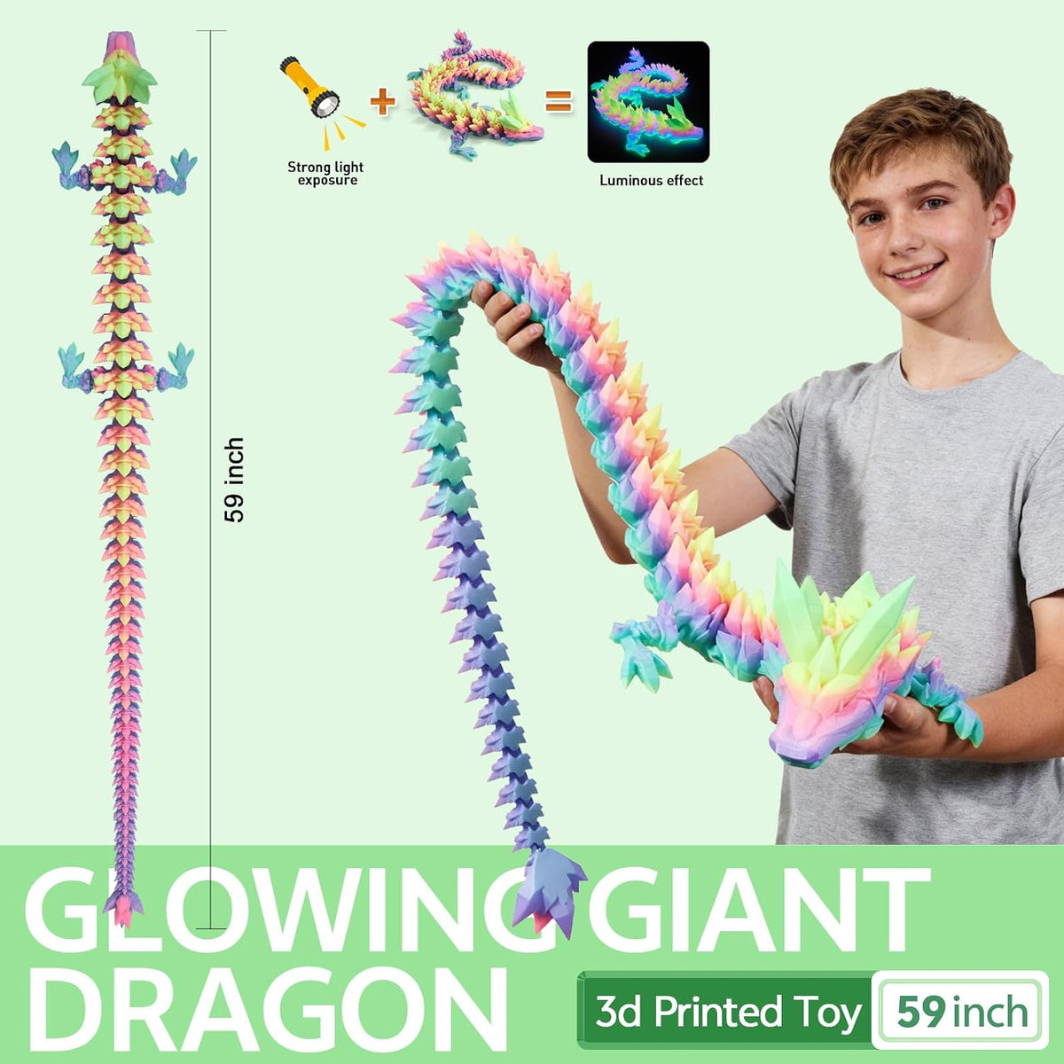 3D Printed Dragon 24 Inch - Luminous Rainbow / 59in - image 3
