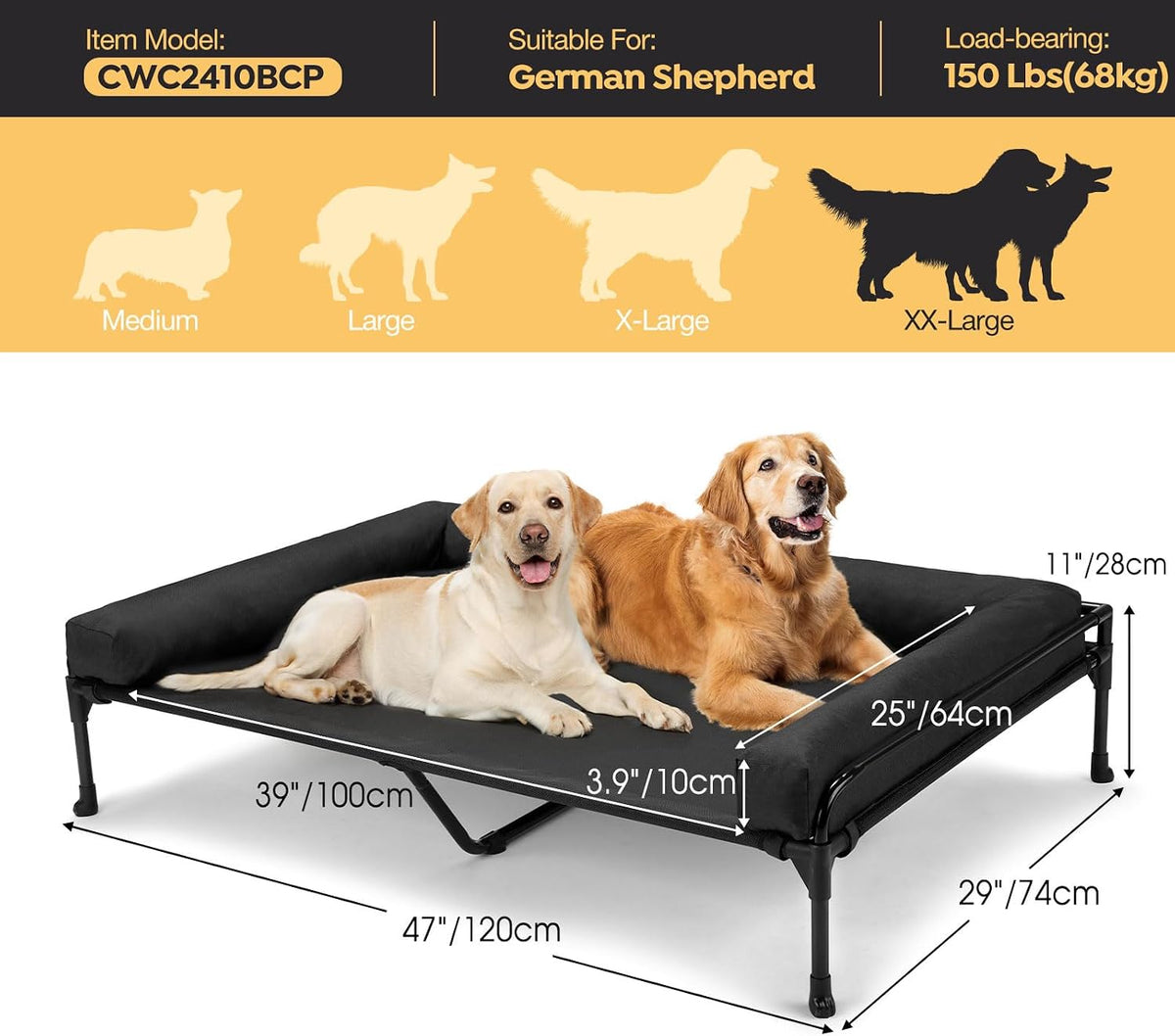 Veehoo Outdoor Elevated Dog Bed-Cooling Raised Dog Cot for Large - Black / 47.0"L x 29.0"W x 13.0"Th - image 2