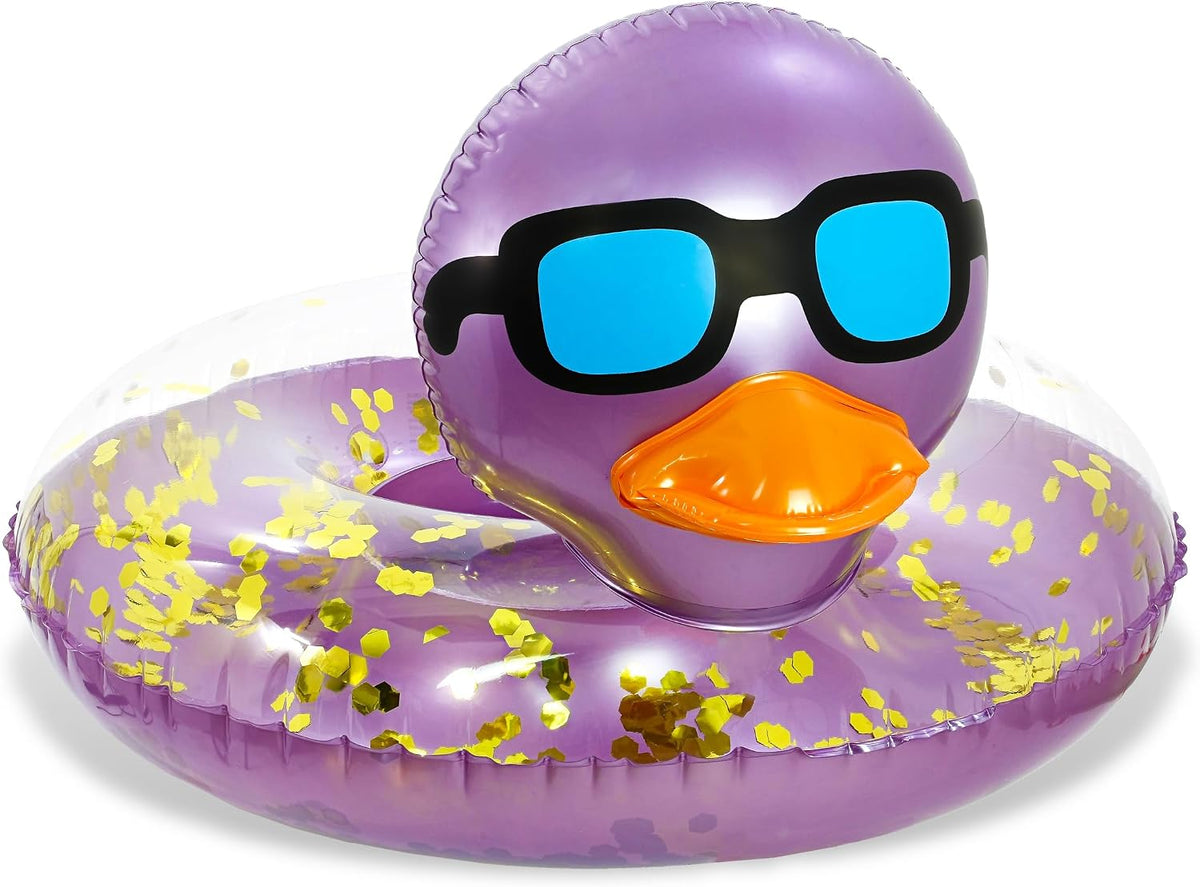 POZA inflatable duck pool float tube with gold confetti, sunglasses and orange beak - view 4
