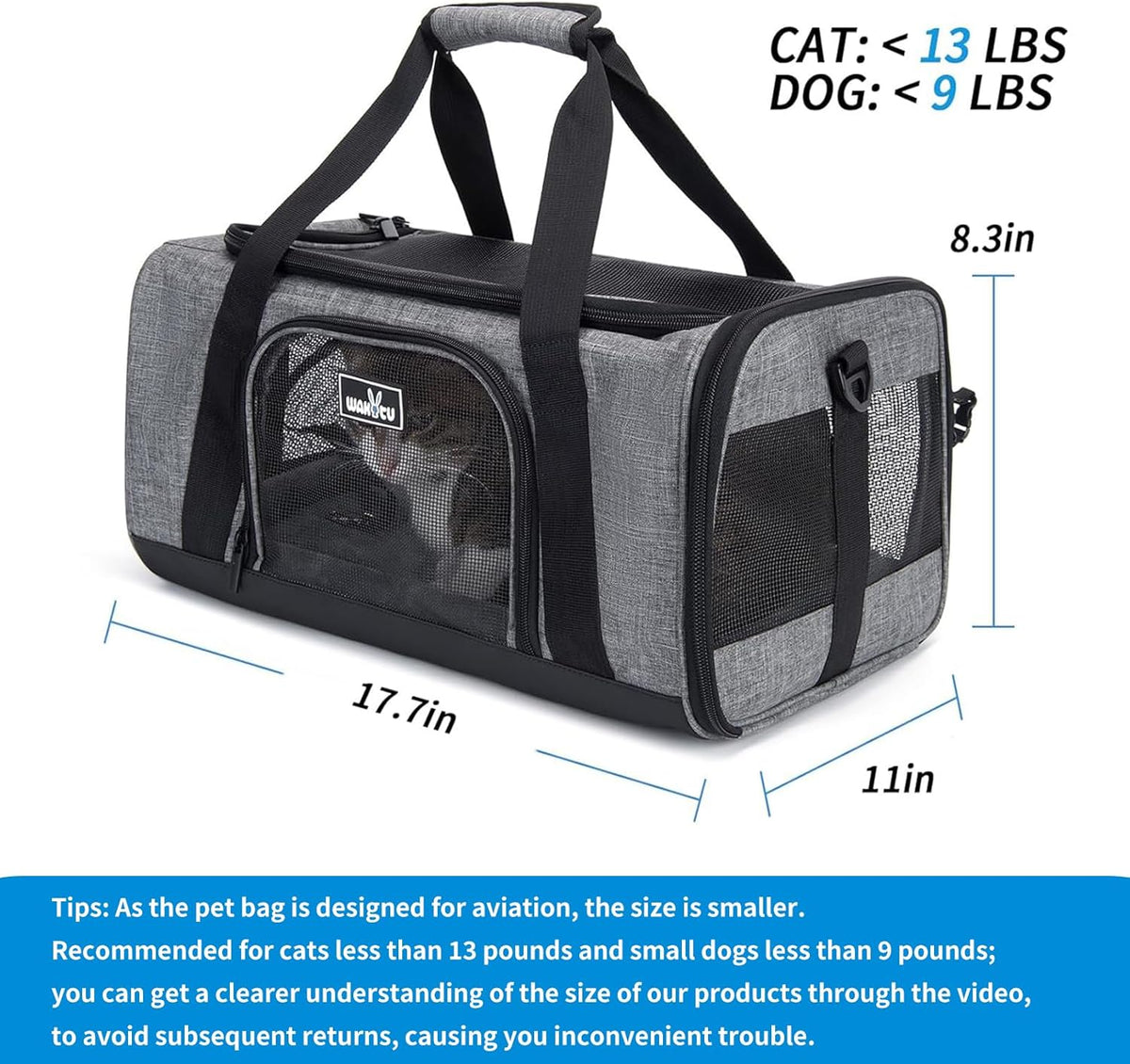 Wakytu TSA & Airline Approved Soft Pet Carrier for Cats/Dogs - 17.7"L x 11.0"W x 8.3"H / 1.0 Grey - image 2