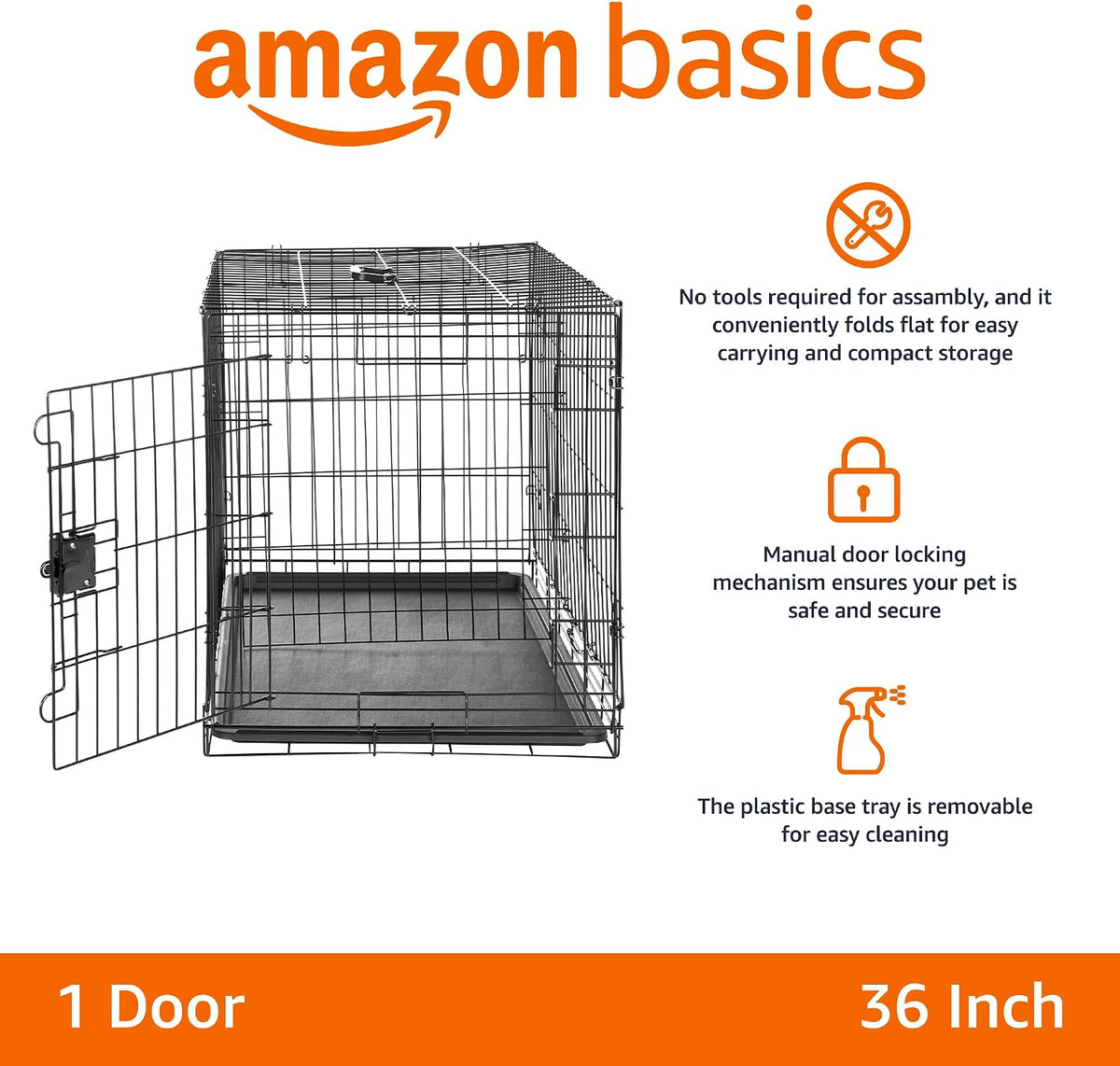 Amazon Basics Portable, Foldable Metal Wire Small Dog Crate with Removable Tray, Divider Panel - 36 x 23 x 25 in / Single Door w/ Divider - image 2