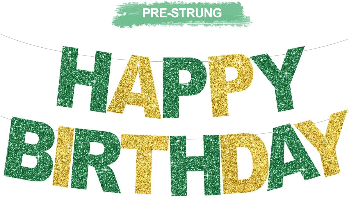 BEISHIDA Pre-Strung Glitter Pink Happy Birthday Banner Party Sign - Green Gold