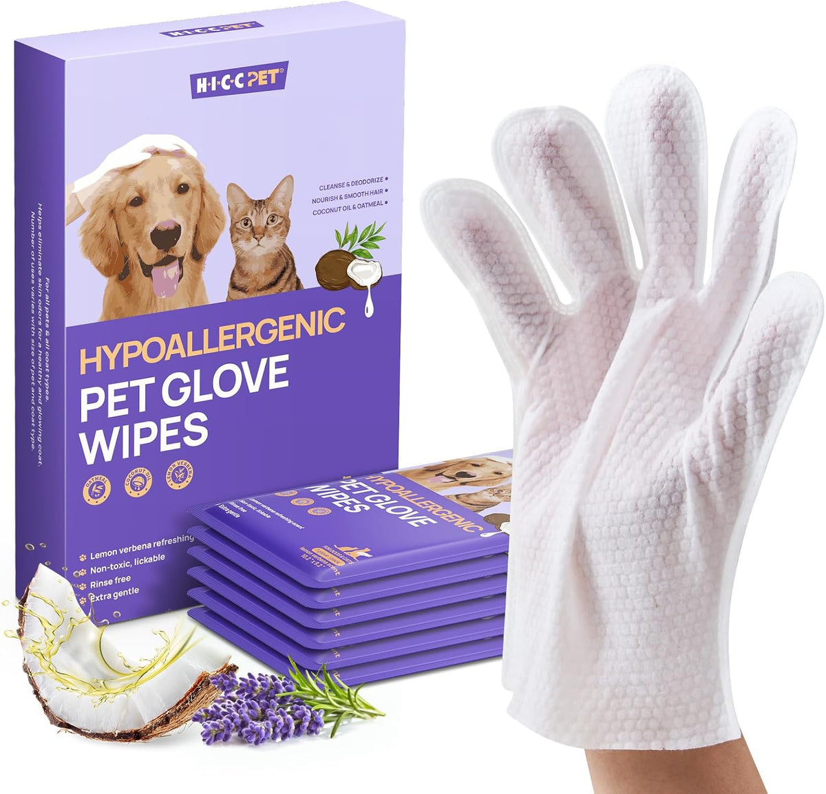 HICC PET Dog Wipes for Dogs & Cats, Glove Design - Verbena Scent / 6 PCS