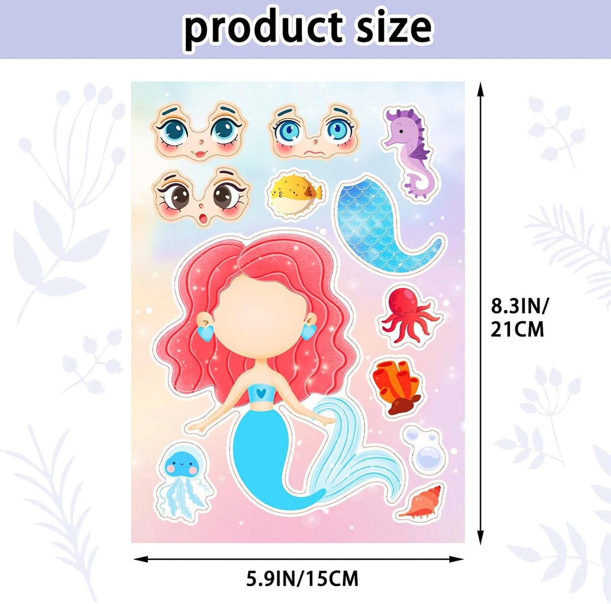 24 Sheets Make a Face Stickers for Kids Toddlers Party Favors Crafts – Fun for Kids & Family - Mermaid - image 3