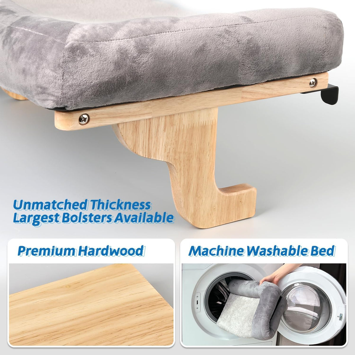 Zakkart Cat Perch for Windowsill with Bolsters – Essentials for Cats - Natural Color Wood with Gray Bed / 24''L x 15''W - image 4