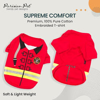 Parisian Pet Embroidered Firefighter Dog Costume - 100% Cotton & Polyester, Sleeved, Medium Dog Size, Red, Lightweight