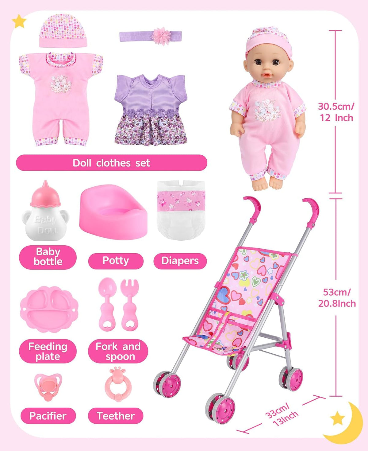 GAGAKU foldable baby doll stroller with 12 inch doll and care accessories - view 16