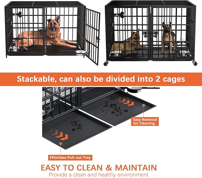 aboxoo 48 inch Stackable Heavy Duty Metal Dog Crate for 4 Dogs/Large Dog,All Metal Open Top Access,Escape Proof Cage,Dog Kennel Indoor with Wheels,Floor Grid, Tray, Divider and Feeding Bowl