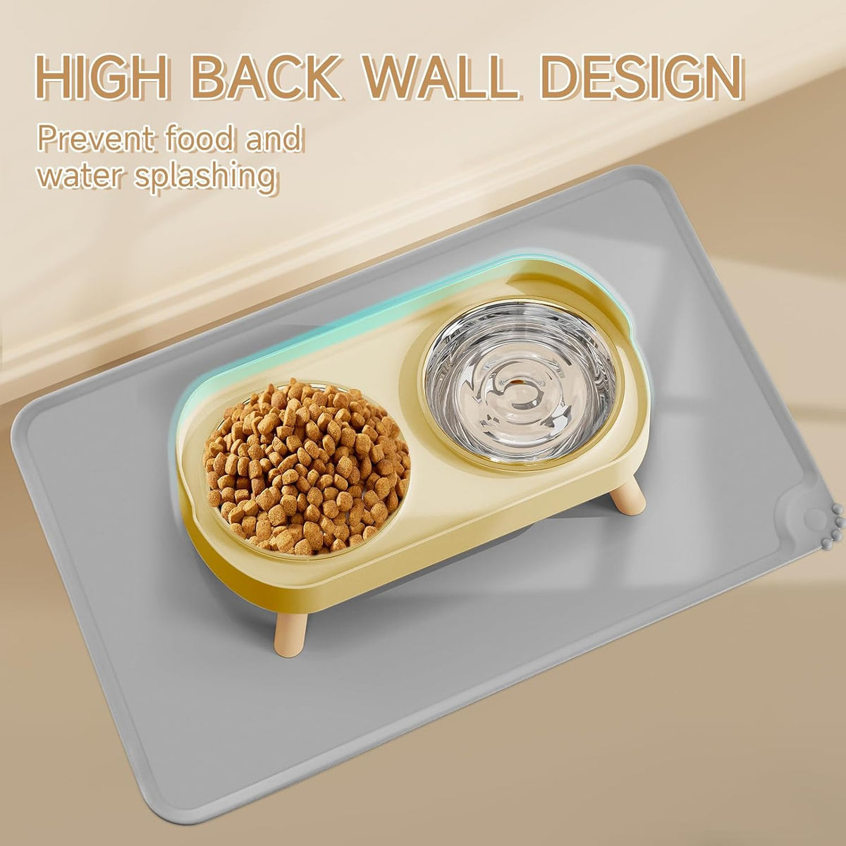 Elevated Cat Bowl, Raised Cat Food and Water Bowl Set for Indoor Cats, Splash Proof with 2 - Cat Bowls with mat - yellow - image 2