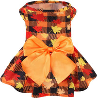 PUPTECK Classic Beige Plaid Dog Dress with Bow Puppy Skirt Clothes M – Essentials for Dogs - Yellow(maple leaf) / Small