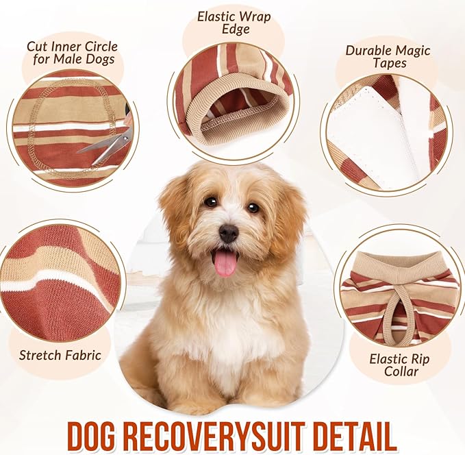 Lukovee Recovery Suit for Dogs, Onesie Surgery Recovery Suit for Female Male Dogs, Abdominal Wounds Cone E-Collar Alternative Prevent Licking Spay Recovery Suit (Brown Stripes,S)