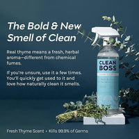 CleanBoss Botanical Disinfectant - 24 oz (Pack of 2) - Multi-Surface Cleaner - Kills 99.9% of Germs + Cold & Flu Viruses - Fresh Thyme Scent - No Rinse on Food Contact Surfaces - Pet Friendly