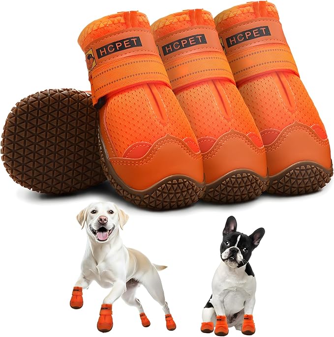 Hcpet Dog Shoes for Large Dogs, Breathable Dog Booties for Small Medium Dogs, Anti-Slip Dog Boots & Paw Protectors for Hot Pavement Winter Snow Hiking with Reflective Straps Orange Size 1