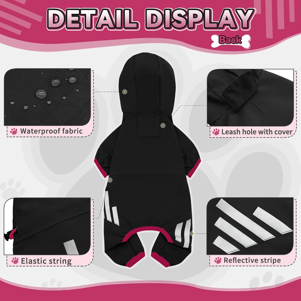 Dog Raincoat, Waterproof Dog Rain Jacket with Hood - L(Back Length15'') / Black - image 2