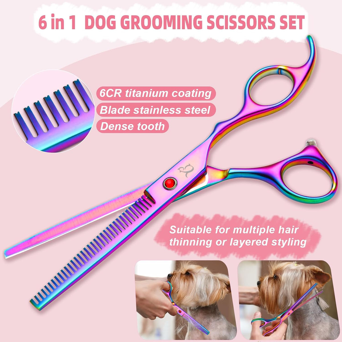 Dog Grooming Scissors-7" Dog Grooming Shears Set 6PCS Rainbow – Essentials for Dogs - image 3