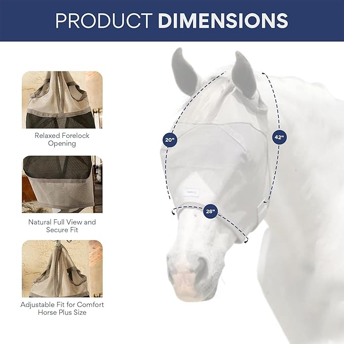 Plus-Size Horse Mask Without Ears | 95% UV Eye Protection | Built-in Visor | Breathable, Lightweight Mask | Adjustable Fit for Comfort Horse (Large Size)