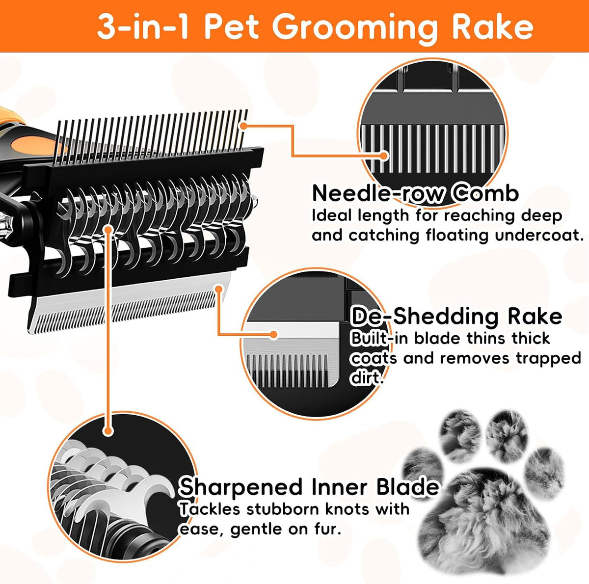 3-in-1 Professional Pet Grooming Brush for Dogs & Cats - Organge - image 2