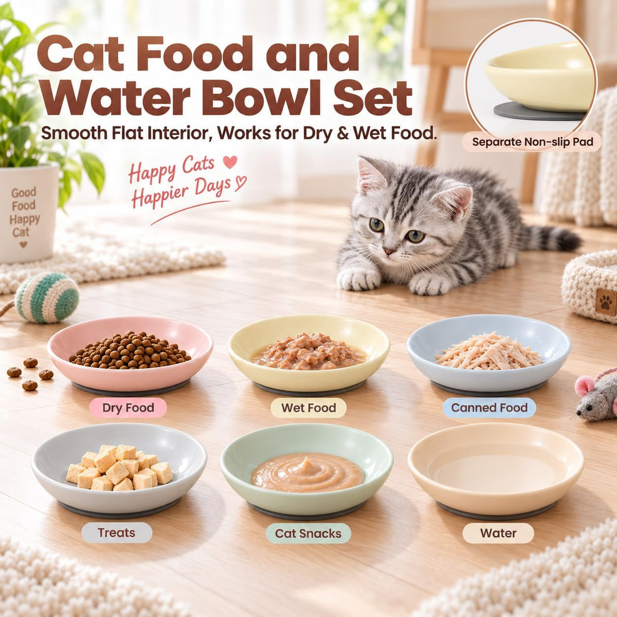Ceramic Cat Food Bowls 6 Pack - Solid - Separate Pads - image 4