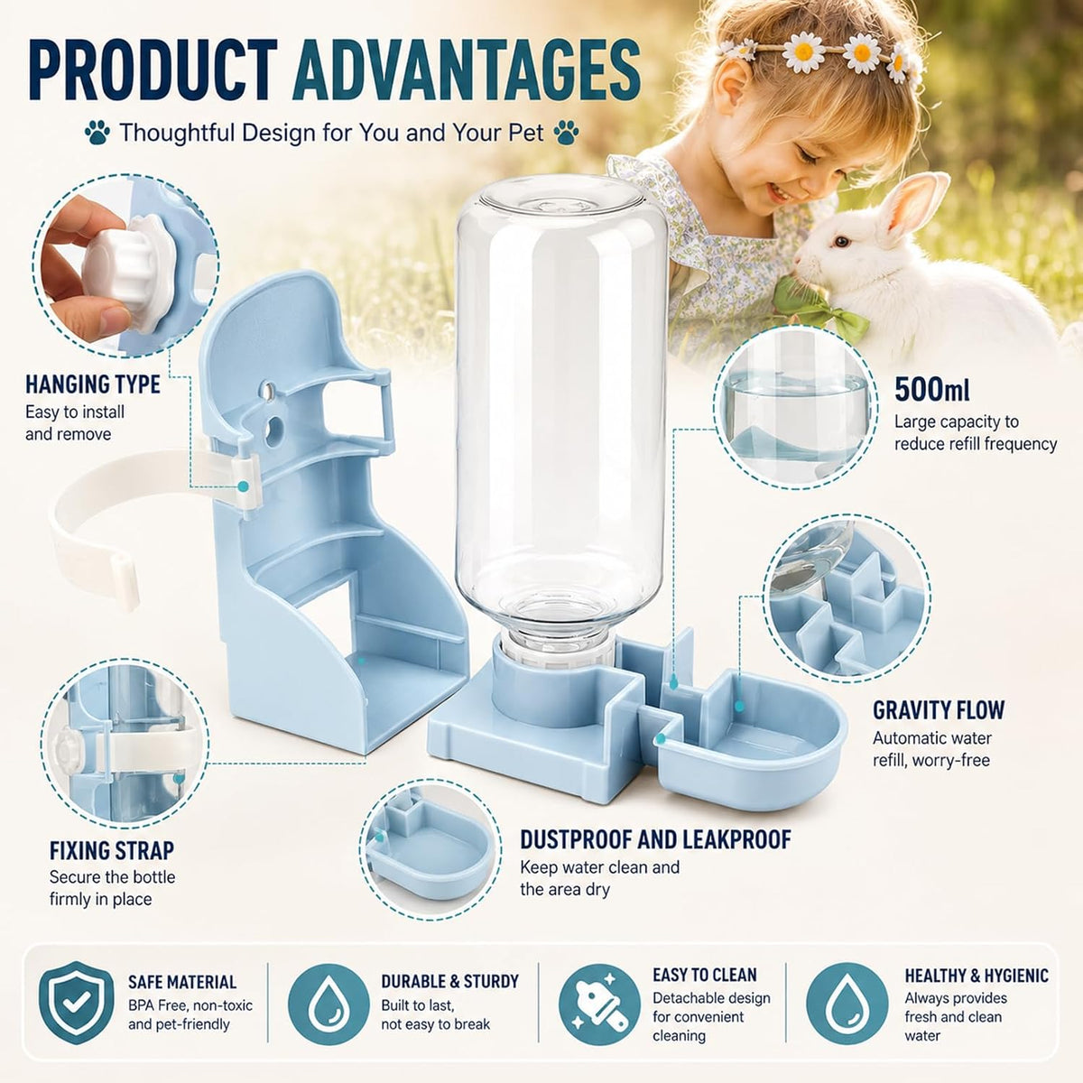Rabbit Water Bottle No-Drip, Bunny Guinea Pig Water Dispenser – Essentials for Small Pets - Blue - image 4