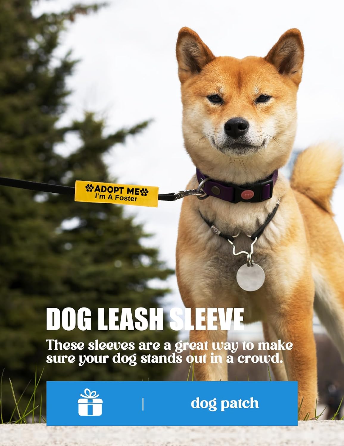 KISJO yellow Adopt Me I'm A Foster dog leash sleeve with hanging ID patch - view 2