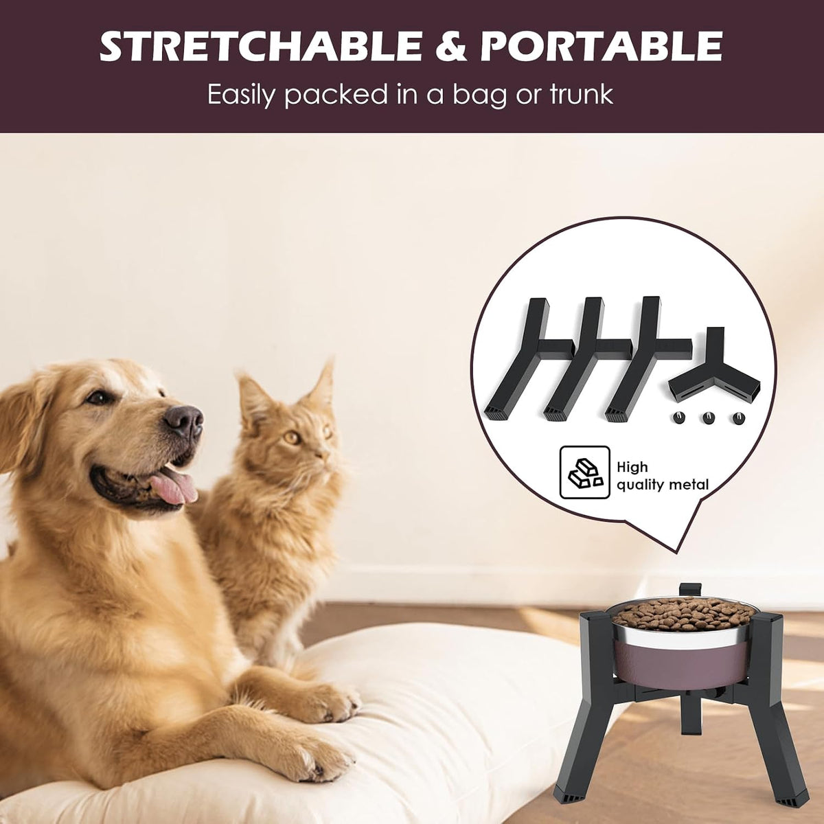 SHAINFUN Adjustable Metal Raised Stand for Large & XL Breeds - Black-7.8H- Square / Height: 7.8", Width: 5.9-8.7" - image 2