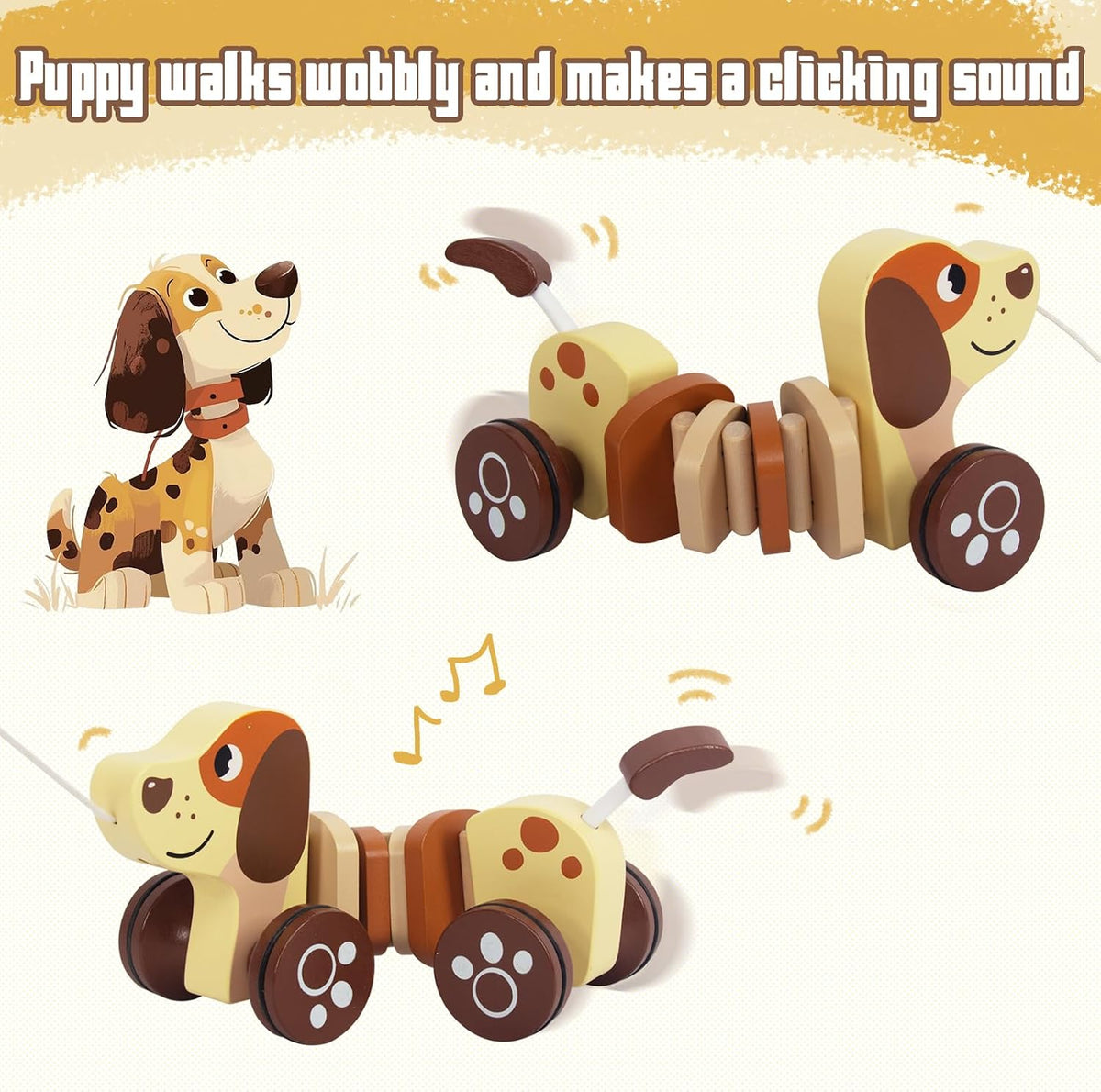 Baby Toys Car,Wooden Pull Along Toy for Toddlers 1 2 3 Year Olds – Fun for Kids & Family - Brown - image 3