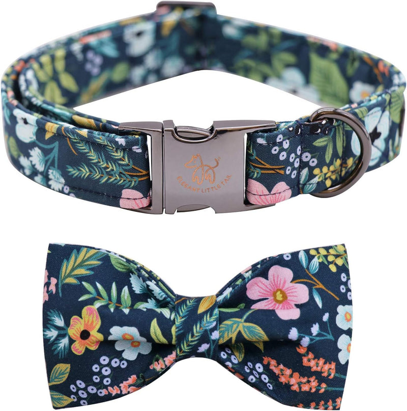 Dog Collar with Bow, Elegant Little Tail Blue Plaid Boy Dog Collar Cute Bow – Essentials for Dogs - Dark Blue Flower / X-Large (Pack of 1)