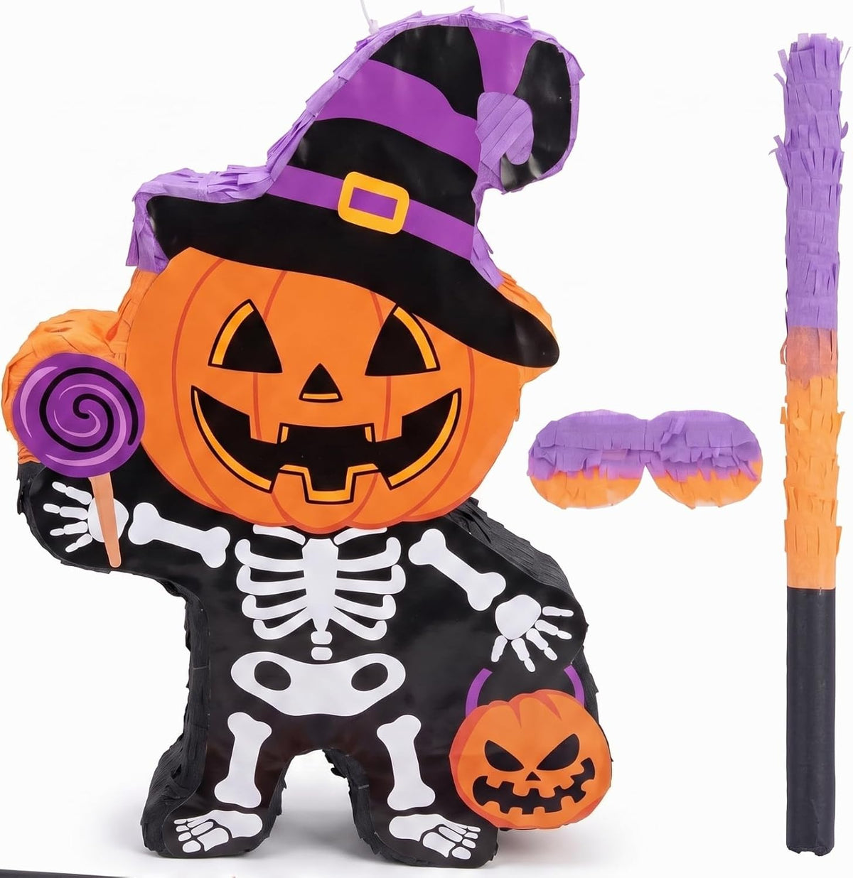 Aoriher Halloween skull piñata with bat stick, blindfold and square confetti - view 4