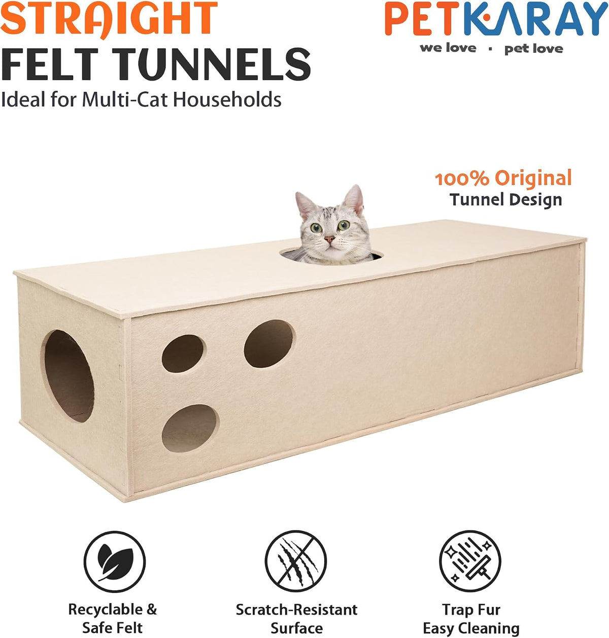 PETKARAY Cat Tunnel, Original Cat Hideaway Cave for Indoor Cats - Straight Tunnel / Beige - image 2