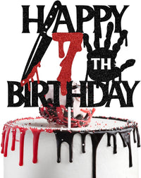 Black glitter Killer Happy 13th Birthday cake topper for a horror Halloween party - view 4