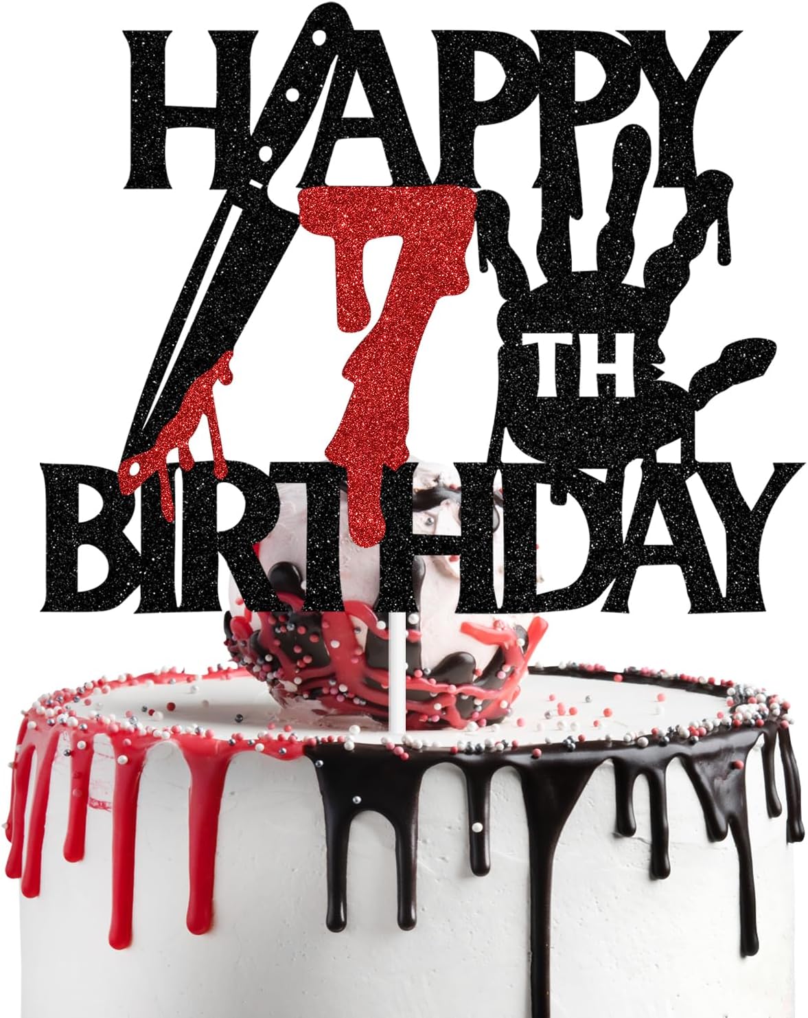 Black glitter Killer Happy 13th Birthday cake topper for a horror Halloween party - view 4