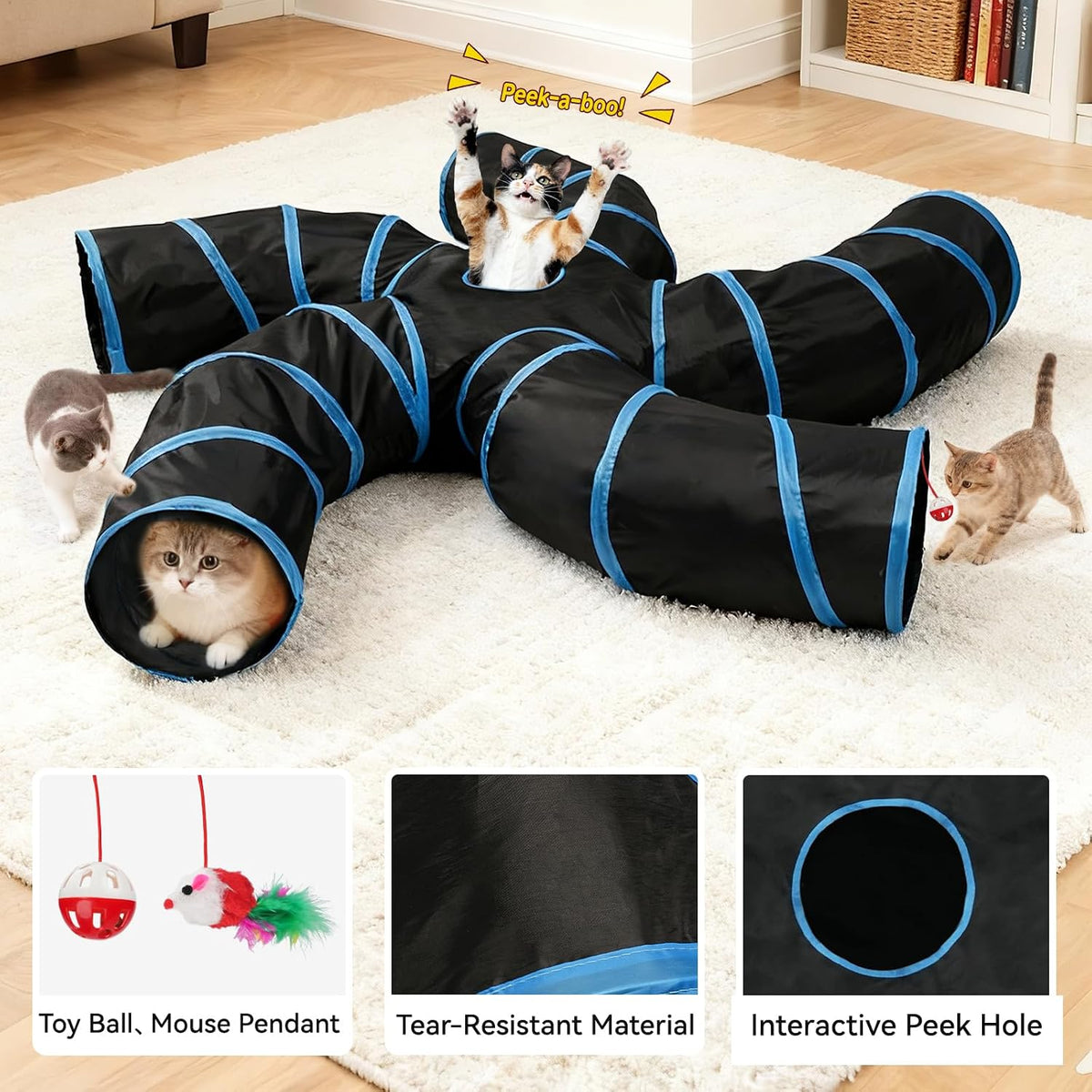 Joytale Cat Tunnel for Multiple Cats - Blue & Black / 5-Way - image 4